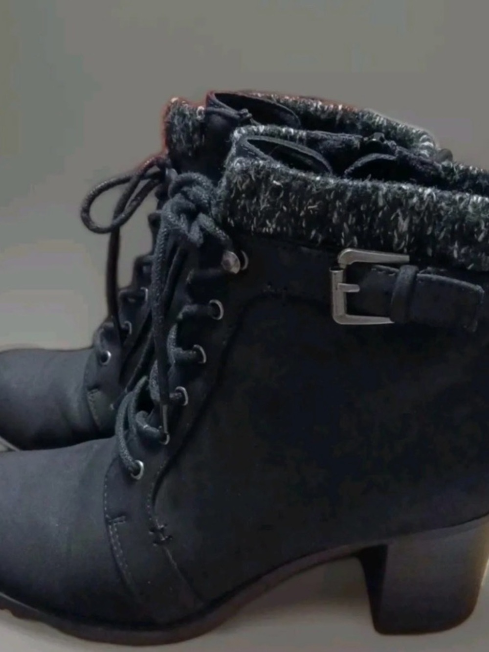 Kim Rogers Black Lace-Up Ankle Heeled Boots with Knit Cuff